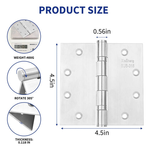 316 Stainless Steel Marine-Grade Door Hinges 4.5x4.5 Inches, showing size and weight details with ball bearing design