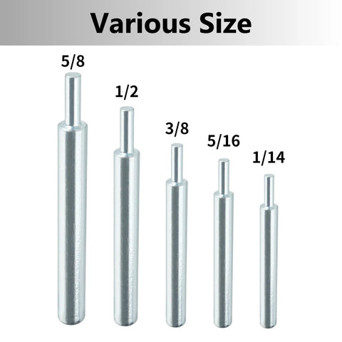 Set of five cylindrical metal tools in various sizes for Drop In Anchor Setting Tool For Concrete With 1/4 By 20 Thread Size, One Piece Installation Tool For 1/4 By 20 Drop In Anchors, Ensures Shoulder Is Level For Precise Expansion And Secure Concrete Mounting, shown in sizes 5/8, 1/2, 3/8, 5/16, 1/14