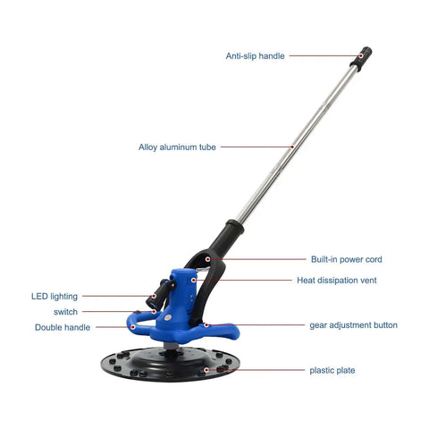 Side view of Powerful 1680W Electric Concrete Polishing Machine With Extension Rod and 90 Degree Trowel Head Three Handle Design Blue