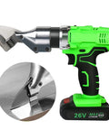 Portable Cordless Electric Shears for Metal Sheets 26V Battery 1850 RPM close-up of rotating head and ergonomic grip.