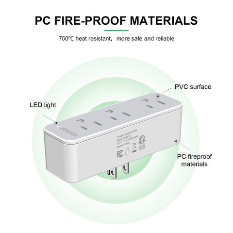 2-Pack Triple Outlet Plug Extender For Travel, Home, And Office, 3 Prong Grounded Outlet Splitter Expander, Fireproof Shell