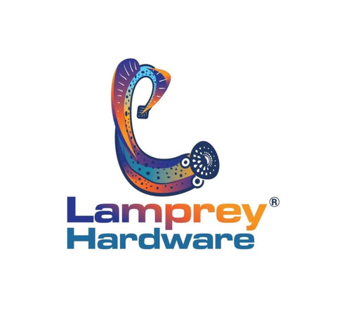 Logo of Lamprey Hardware with colorful abstract lamprey illustration and company name.