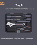 Tray B of 67 Piece Handy Home Repair Tool Kit With Tray Set displaying screwdrivers, adjustable wrench, pliers, utility knife.