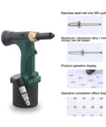No Nonsense Pneumatic Hydraulic Pull Rivet Gun With Automatic Rivet Suction And Back Catcher Rotating Cup shown with rivets.
