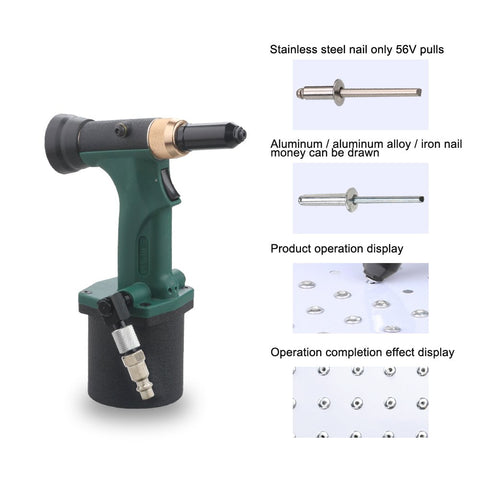 No Nonsense Pneumatic Hydraulic Pull Rivet Gun With Automatic Rivet Suction And Back Catcher Rotating Cup shown with rivets.