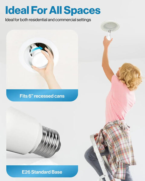 Total Game Changing BR40 LED Flood Light Bulb Six Pack E26 Socket 17 Watt Replaces 100 Watt Classic 4000K Cool White Tone shown in installation process.