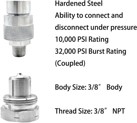 Hydraulic hose fittings, chrome-plated steel with 3/8 NPT threads, pair shown (front and side views)