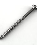 Close-up of a stainless steel pocket hole screw for woodworking and cabinetry, 2.5 inches with Maxi Loc head, coarse thread for outdoor use.