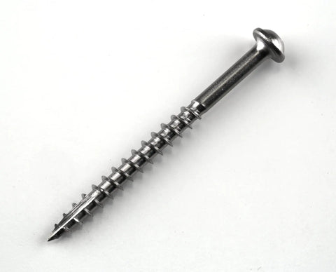 Close-up of a stainless steel pocket hole screw for woodworking and cabinetry, 2.5 inches with Maxi Loc head, coarse thread for outdoor use.