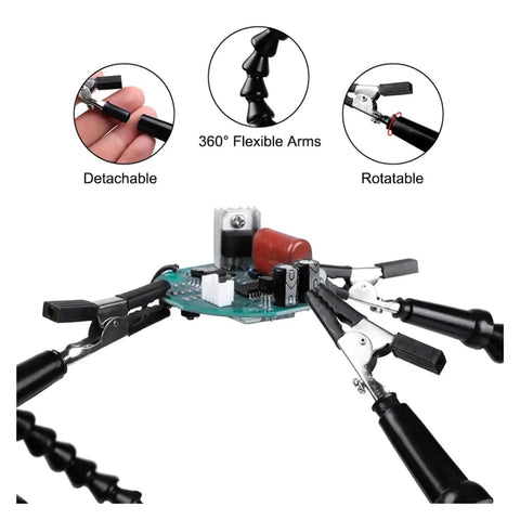 Five Pack Flexible Helping Hands Soldering Stand with adjustable goosenecks and magnifying lamp showing rotational arms and clamps.