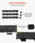 Six 39 Inch Trench Drain Channel System With Plastic Grate For Driveways And Gardens, HDPE Black Water Channel 5.8 X 3.1 In