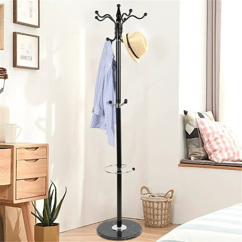 Straight Up Heavy Duty Four Tier Floor Standing Coat Rack With Ten Sturdy Metal Hooks For Bedroom Hallway Wardrobe Closet Organizer Keep Your Gear Dang Tidy Today with striped shirt and hat.