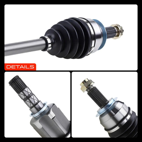 Front Left Or Right CV Axle Shaft Assembly For Subaru Impreza 2008-2015, Legacy 2005-2009, Outback 2005-2009 - Beefed-Up Premium Front Wheel Drive Axle Replacement, Driver Or Passenger Side, close-up of CV joint boot and splined shaft