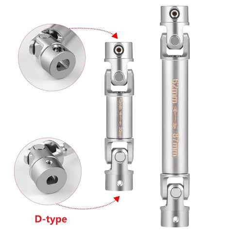 2 Pack Steel CVD Driveshafts For 1 To 18 TRX4 M K10 F150 RC Crawler Upgrades Silver Beefy Heavy Duty Connection For Smooth Power Transfer And Precision Fit Ideal RC Crawler Upgrade For Stability And Durability. D-type steel RC driveshaft set, 40mm and 62mm