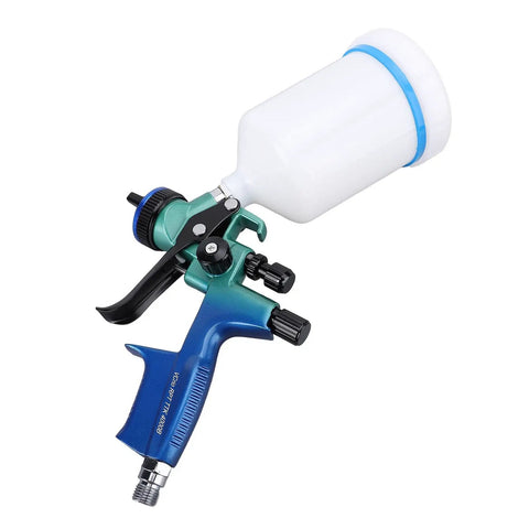 Rock Solid HVLP Spray Gun With Smooth 1.3mm Stainless Steel Tip And Rugged Copper Cup G1/4 Fast Swap Adjustable Dial Lightweight Frame close-up view