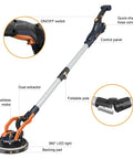 Diagram of Electric Drywall Sander With Vacuum Dust Collection showing features like control panel, foldable pole, LED light, and brushless motor.