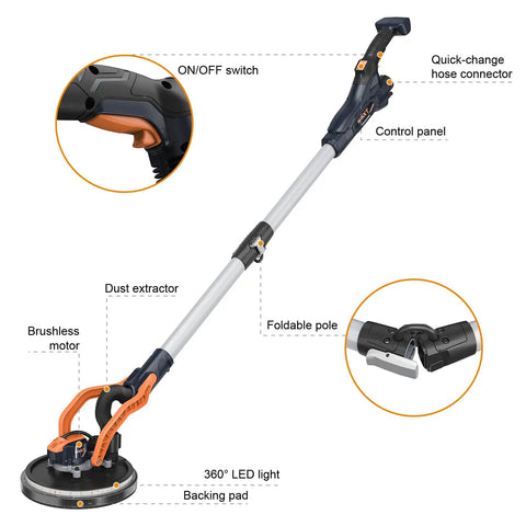 Diagram of Electric Drywall Sander With Vacuum Dust Collection showing features like control panel, foldable pole, LED light, and brushless motor.