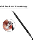 O-ring removal tool and close-up of its use with Kegging Gasket Kit For Corny Kegs 28 Piece O Ring Replacement Set With Ball Lock Post Gaskets Dip Tube Seals Carbonation Keg Seals And O Ring Removal Tool For Homebrewers And Beer DIY Fans.