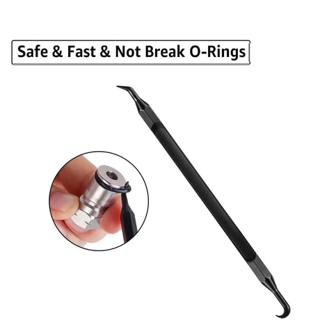 O-ring removal tool and close-up of its use with Kegging Gasket Kit For Corny Kegs 28 Piece O Ring Replacement Set With Ball Lock Post Gaskets Dip Tube Seals Carbonation Keg Seals And O Ring Removal Tool For Homebrewers And Beer DIY Fans.