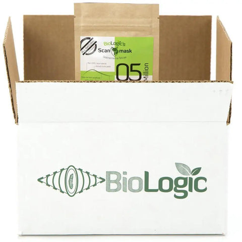 Open box with BioLogic branding containing Steinernema Feltiae Sf Beneficial Nematodes for Natural Insect Pest Control That Actually Works 5 Million Size