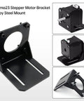 Nema23 stepper motor bracket mount in black alloy steel with circular bore and slotted base