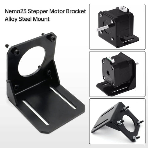 Nema23 stepper motor bracket mount in black alloy steel with circular bore and slotted base