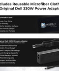 Includes Reusable Microfiber Cloth & Original Dell 330W Power Adapter for efficient charging and cleaning.
