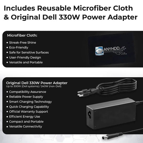 Includes Reusable Microfiber Cloth & Original Dell 330W Power Adapter for efficient charging and cleaning.