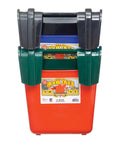 Stack of multicolor hook over feeder buckets, 15 quart, plastic, with back hooks for livestock. Made in USA, ultra durable poly resin.
