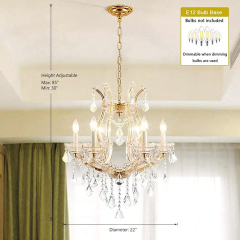 Gold Crystal Chandelier Pendant Light D22 with six lights, adjustable chain, shown in a dining room setting.