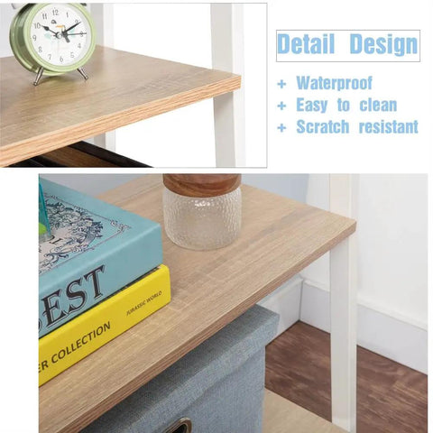 Detail of Industrial 4 Tier Bookshelf Freestanding Rustic Display Bookcase Storage Rack For Living Room And Home Office White Plant Stand Shelf Hands Down Go To Storage Solution With Easy Assembly In About Fifteen Minutes And Anti Toppling Hardware, showing a close-up of the shelf surface with decorative items.