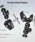 Diagram of Sturdy Camera Clamp Mount With Double Ball Head Magic Arm detailing measurements and screw sizes
