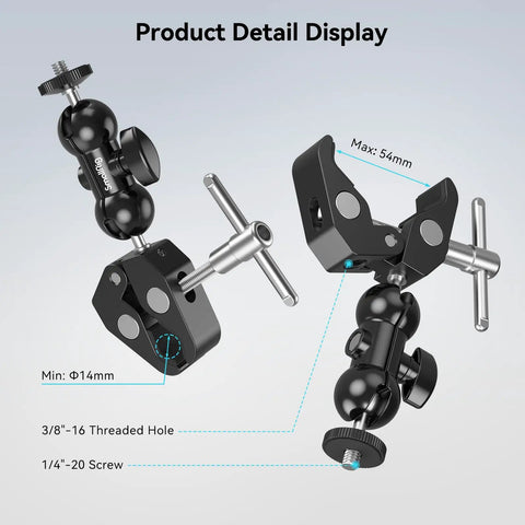 Diagram of Sturdy Camera Clamp Mount With Double Ball Head Magic Arm detailing measurements and screw sizes