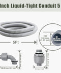 1 Inch Liquid Tight Conduit 5 Ft Non Metallic Flex Cable Sleeve with fittings and dimensions for installation guidance.