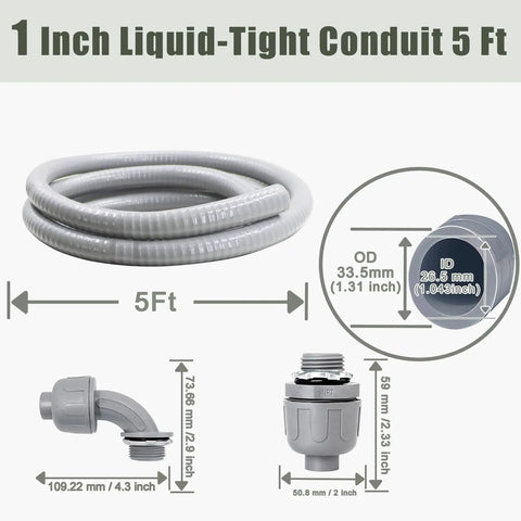 1 Inch Liquid Tight Conduit 5 Ft Non Metallic Flex Cable Sleeve with fittings and dimensions for installation guidance.