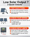 Image explaining low solar output checks for 400 Watt Monocrystalline Solar Panel with wiring and input limits.