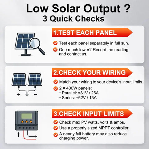 Image explaining low solar output checks for 400 Watt Monocrystalline Solar Panel with wiring and input limits.