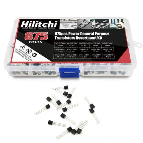 675 Piece Power Transistor Kit Assortment With 15 Models Including 2N2222 NPN 2N3904 NPN 2N3906 PNP 2N5401 PNP And More General Purpose Transistors For DIY Electronics Projects, in plastic case.