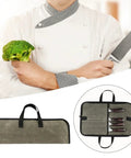 Chef with broccoli and knife, green canvas Chef Knife Roll Bag With Canvas Design Adjustable Shoulder Strap And Multiple Knife Slots