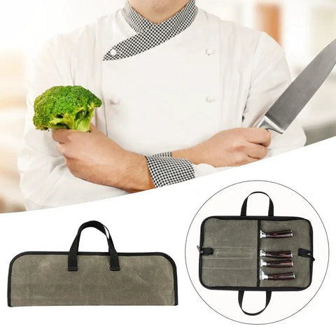 Chef with broccoli and knife, green canvas Chef Knife Roll Bag With Canvas Design Adjustable Shoulder Strap And Multiple Knife Slots