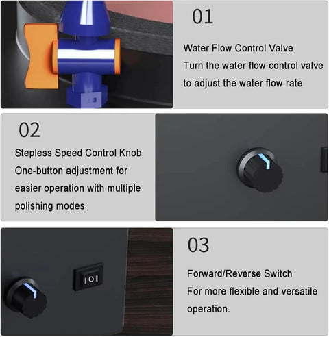 Water flow control valve and speed control knob of the Heavy Duty 350W Electric Bench Grinder Wheel Sander for knife sharpening.