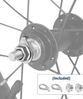 Close-up of 20 Inch Kids Bike Front Wheel Replacement with Solid Air Rubber Tire, hub, nut, and included hardware.