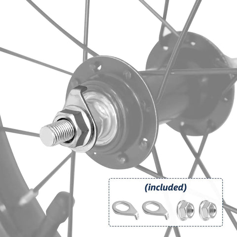 Close-up of 20 Inch Kids Bike Front Wheel Replacement with Solid Air Rubber Tire, hub, nut, and included hardware.