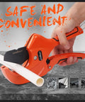 2-1/2 Inch Ratchet PVC Pipe Cutter cutting white PVC pipe, features SK5 steel blades, suitable for PEX, PVC, PPR, and plastic hoses.