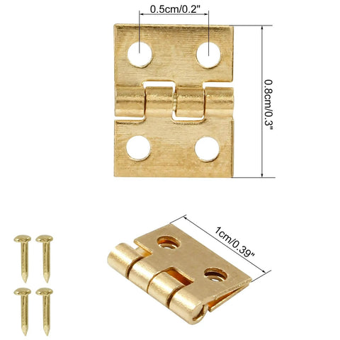 Mini Metal Box Hinges Set Of 50 With 200 Replacement Screws Retro Antique Bronze Finish 10mm By 8mm Tiny Gift Case And Jewelry Box Hinges Small Box Cabinet Hinges For Crafts DIY Projects, shown with dimensions and screws
