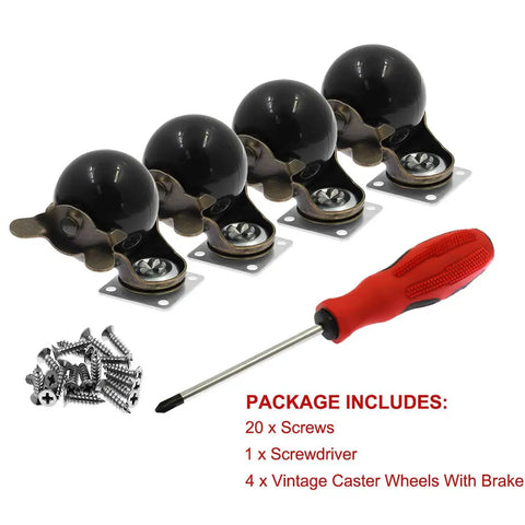 Tough As Nails Heavy Duty Steel Vintage Ball Caster Wheels With Smooth Swiveling Action And Reliable Locking Brakes Set Of Four, screws and screwdriver included.
