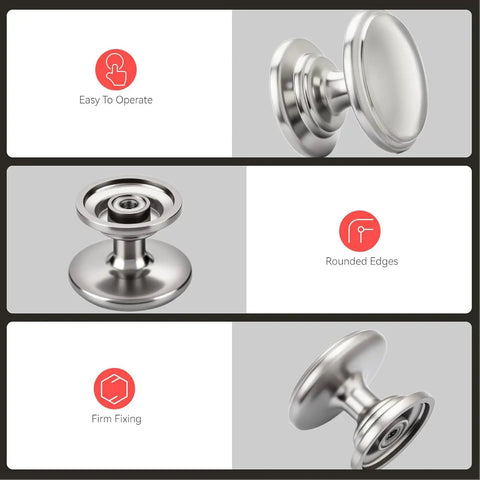 Top Shelf Brushed Nickel Cabinet Knobs, Fresh Silver Drawer Pulls, Solid Zinc Alloy Hardware close-up with rounded edges.
