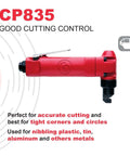 CP835 Air Nibbler Cutter for steel and aluminum, red ergonomic design, perfect for precise cutting in tight corners.