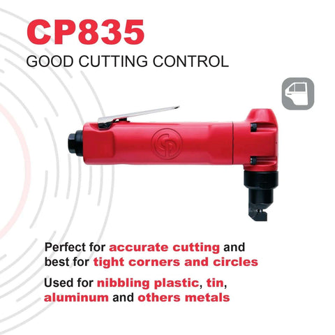 CP835 Air Nibbler Cutter for steel and aluminum, red ergonomic design, perfect for precise cutting in tight corners.