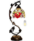 Tiffany Style Red Rose Stained Glass Table Lamp With Bronze Metal Leaf Base 21 Inch Reading Desk Lamp For Bedroom Or Home Office Cozy Vibe 8 Inch Shade UL Listed Cord Switch Easy Assembly Perfect Small Space Decor